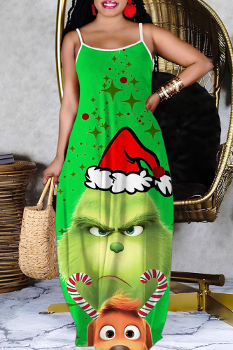 Green Christmas Grinch Outfits Sleeveless Backless Spaghetti Strap Floor Length Casual Outing Straight Loose Maxi Slip Dress