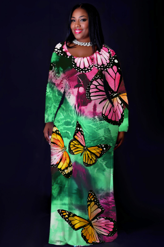 Gold Graphic Print O Neck Long Sleeve Floor Length Casual Outing Straight Loose Maxi Dress