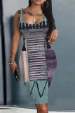 Purple Graphic Print Sleeveless U Neck Spaghetti Strap Casual Outing Bodycon Pencil Tank Midi Dress
