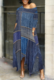 Blue Faux Denim Print O Neck 3/4 Sleeve Irregular Hem Pocket Straight Loose Maxi Dress