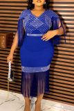 Black V-neckline Fringe Trim Geometric Gold Hot Drill Waist with Belted Fringe Hem Bodycon Plus Size Cocktail Party Maxi Dress