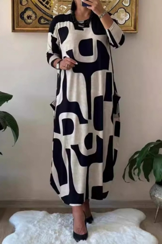 Black Graphic Print O Neck Long Sleeve Casual Outing Loose Fit Plus Size Straight Maxi Dress