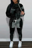 Dark Grey Faux Denim Print Basic Hooded Long Sleeve Sweatshirts and Pants Two Pieces Sweatsuits Sets