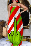 Green Christmas Grinch Outfits Sleeveless Backless Spaghetti Strap Floor Length Casual Outing Straight Loose Maxi Slip Dress