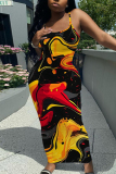 Multicolor Graphic Print Sleeveless Backless Spaghetti Strap Floor Length Casual Outing Bodycon Maxi Slip Dress