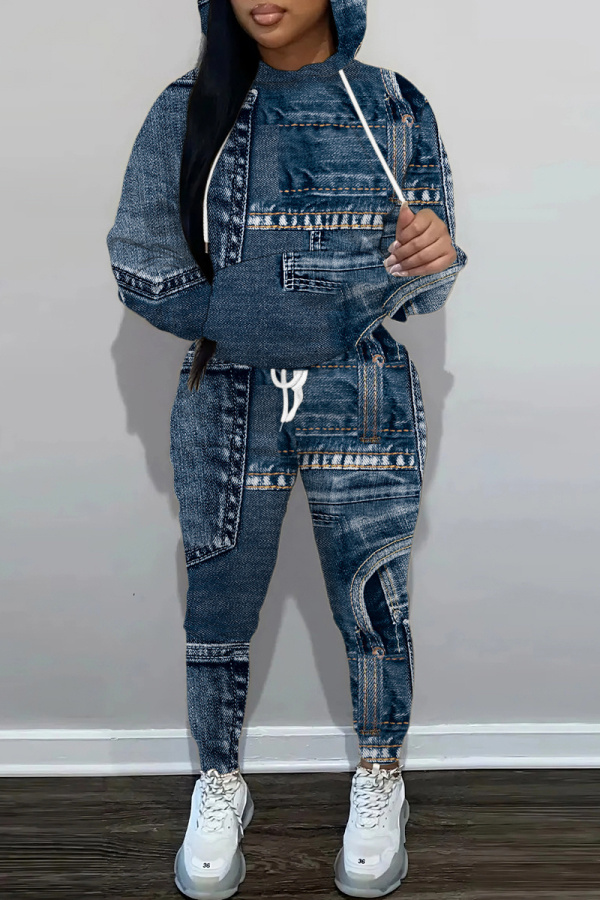Dark Grey Faux Denim Print Basic Hooded Long Sleeve Sweatshirts and Pants Two Pieces Sweatsuits Sets