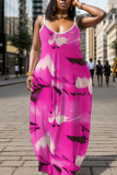 Purple Red Graphic Print Sleeveless Backless Spaghetti Strap Floor Length Casual Outing Straight Loose Maxi Slip Dress