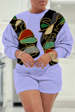 Purple Casual 3D Figure Print Round Neck Long Sleeve Sweatsuits and Shorts Two Pieces Matching Sets