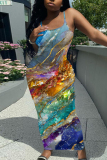 Multicolor Graphic Print Sleeveless Backless Spaghetti Strap Floor Length Casual Outing Bodycon Maxi Slip Dress