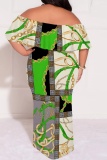 Black Purple Graphic Print Off Shoulder Drap Sleeve Patchwork Floor Length Casual Outing Plus Size Vacation Loose Fit Straight Maxi Dress