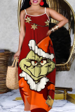 Green Christmas Grinch Outfits Sleeveless Backless Spaghetti Strap Floor Length Casual Outing Straight Loose Maxi Slip Dress