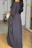 Black V Neck Batwing Sleeve Floor Length Front High Slit Casual Outing Loose Maxi Dress