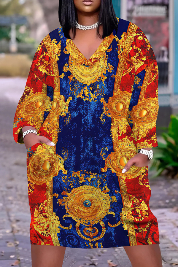 Navy Blue Casual Print V Neck Long Sleeve Knee Length Pocket Straight Loose Midi Dress