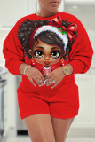 Red Black Casual Figure Print Basic Round Neck Long Sleeve Sweatshirts and Shorts Two Pieces Sets