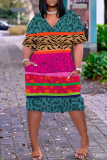 Dark Brown Leopard Graphic Print V Neck Short Sleeve Casual Outing Straight T Shirt Midi Dress