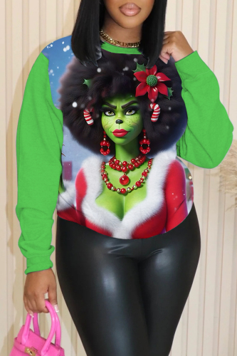 Green Red Christmas Casual Figure Print Round Neck Long Sleeve Tops Sweatshirts