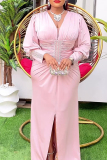 Champagne V-Neck Balloon Sleeves Front Ruched Rhinestone Decor High Waist Front Slit Plus Size Formal Party Maxi Dress