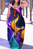 Blue Orange Graphic Print Sleeveless Backless Spaghetti Strap Floor Length Casual Outing Straight Loose Maxi Dress