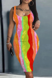 Green Graphic Print Sleeveless U Neck Spaghetti Strap Casual Outing Bodycon Pencil Tank Midi Dress