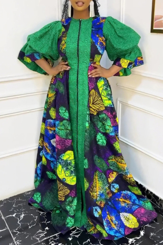 Green Puffy Sleeves  Front Zipper Floor-Length Celebrations Wedding Plus Size African Traditional Loose Maxi  Dress
