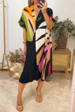 Black Leaf Print V Neck Half Sleeve Casual Outing Straight Loose Maxi Dress