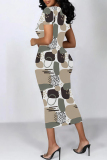 Multicolor Geometric Flowers Print O Neck Short Sleeve Casual Outing Bodycon T Shirt Midi Dress