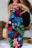 Black Blue Floral Print Sleeveless Backless Spaghetti Strap Floor Length Casual Outing Straight Loose Maxi Slip Dress