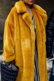 Yellow Oversized Lapel Loose Fit Long Faux Fur Coat Fall Winter Casual Wear, Outerwear Womens Longline Cardigan Jacket