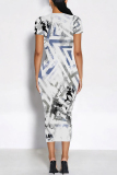 Multicolor Geometric Flowers Print O Neck Short Sleeve Casual Outing Bodycon T Shirt Midi Dress