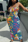 Purple Floral Graphic Print Sleeveless Backless Spaghetti Strap Floor Length Casual Outing Straight Loose Maxi Slip Dress