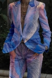 Purple Office Lady Casual Leaf Print Button up Turn-back Collar Long Sleeve Suits and Pants Two Pieces Matching Sets