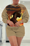 White Casual Figure Print Basic Round Neck Long Sleeve Sweatshirts and Shorts Two Pieces Matching Sets
