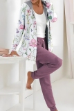 Purple Casual Floral Print  Hooded Long Sleeve Cardigan and Pants Two Pieces Matching Sets