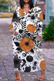 White Red Floral Print V Neck Long Sleeve Ankle Length Casual Outing Plus Size Straight Loose Maxi Dress