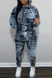 Dark Grey Faux Denim Print Basic Hooded Long Sleeve Sweatshirts and Pants Two Pieces Sweatsuits Sets