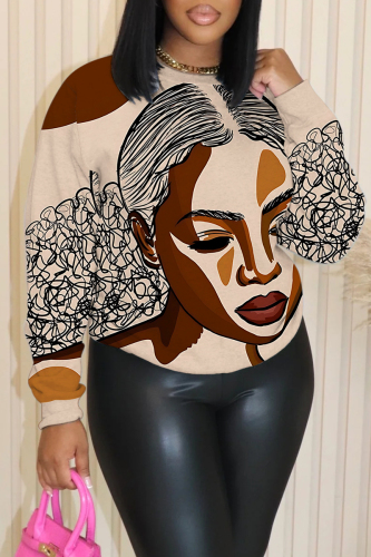 khaki Casual Graphic Print Round Neck Long Sleeve Tops Sweatshirts