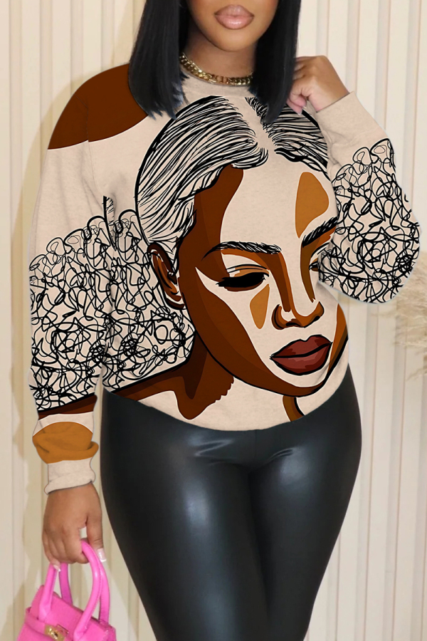 khaki Casual Graphic Print Round Neck Long Sleeve Tops Sweatshirts