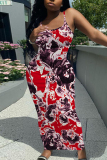 Purple Floral Graphic Print Sleeveless Backless Spaghetti Strap Floor Length Casual Outing Straight Loose Maxi Slip Dress