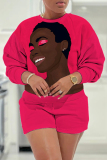 Purple Casual 3D Figure Print Round Neck Long Sleeve Sweatsuits and Shorts Two Pieces Matching Sets