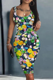 Green Graphic Print Sleeveless U Neck Spaghetti Strap Casual Outing Bodycon Pencil Tank Midi Dress