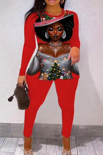 Red Brown Skinny Casual Figure Print Basic Round Neck Long Sleeve Tops and Pants Two Pieces Matching Sets