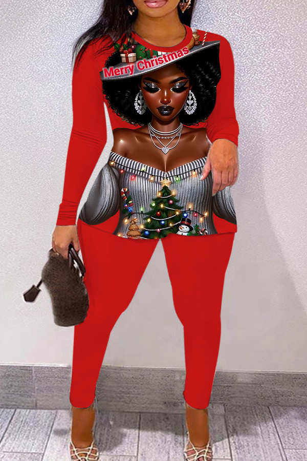 Red Brown Skinny Casual Figure Print Basic Round Neck Long Sleeve Tops and Pants Two Pieces Matching Sets