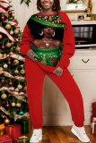 Red White Sportwear Casual Figure Print Basic O Neck Long Sleeve Sweatshirts and Pants Two Pieces Sweatsuits Sets
