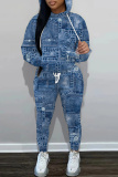 Dark Grey Faux Denim Print Basic Hooded Long Sleeve Sweatshirts and Pants Two Pieces Sweatsuits Sets