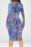 Gray-Red Graphic Print V Neck Long Sleeve Casual Outing Bodycon Pencil Midi Dress