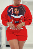 Red Black Casual Figure Print Basic Round Neck Long Sleeve Sweatshirts and Shorts Two Pieces Sets