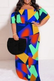 Black Purple Graphic Print Off Shoulder Drap Sleeve Patchwork Floor Length Casual Outing Plus Size Vacation Loose Fit Straight Maxi Dress