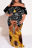 Black Purple Graphic Print Off Shoulder Drap Sleeve Patchwork Floor Length Casual Outing Plus Size Vacation Loose Fit Straight Maxi Dress