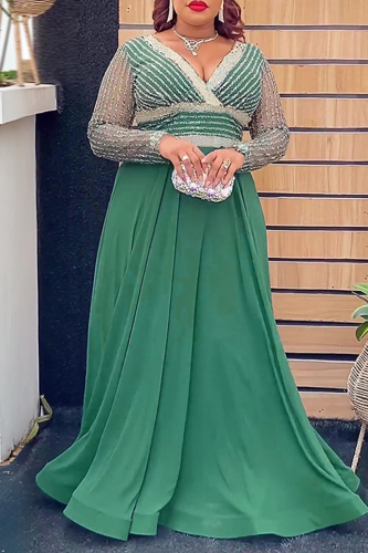 Green Deep V Neck Sheer Sequin Sleeves Cinched Waist A-Line Floor-Length Hem Plus Size Formal Wedding Guest Maxi Dress