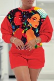 Red Casual Figure Print Patchwork Round Neck Long Sleeve Sweatshirts and Shorts Two Pieces Matching Sets